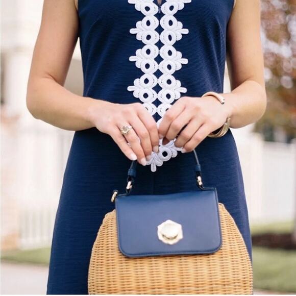 Lilly Pulitzer Callista Lace Embroidered Zip Front High Neck Shift Dress Navy - Picture 3 of 12